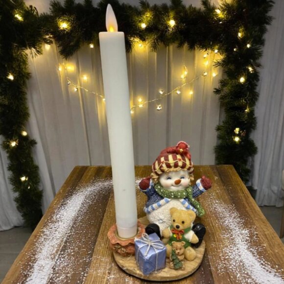 CANDLE HOLDER -- Sitting Snowman Taper Candle Holder, Christmas Decor, w/Candle - Picture 1 of 8